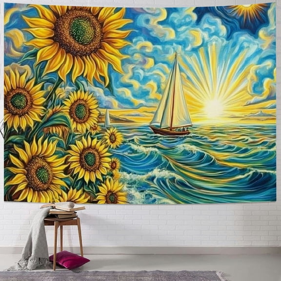 BCIIG Sunflowers Tapestry Trippy Sun Tapestry Hippie Wave Tapestry Sea Beach Landscape Wall Hanging Magical Clouds Tapestry Sailing Boat Wall Tapestry for Living Room 50x40inch