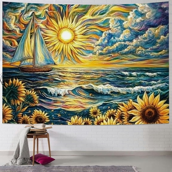 BCIIG Sunflowers Tapestry Trippy Sun Tapestry Hippie Wave Tapestry Sea Beach Landscape Wall Hanging Magical Clouds Tapestry Sailing Boat Wall Tapestry for Living Room 50x40inch