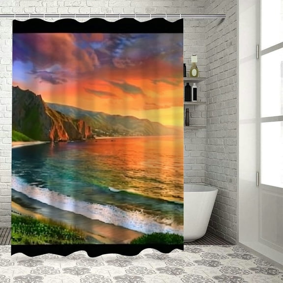 BCIIG Sunset Beach Hill Bathroom Decoration Set, Colorful Luxury Graphic Printed Polyester Cloth Fashion Shower Curtain Set with Hooks 60"x72