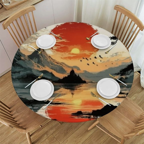 BCIIG Sunset Mountain Lake Round Tablecloth Stain-Resistant & Washable 100% Polyester Fiber for Home Kitchen/Parties 31"-35