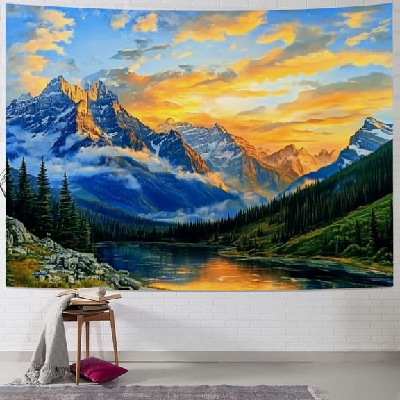 BCIIG Sunset Mountain Tapestry Foggy Forest Tree Nature Landscape Tapestry Green Woodland Scenery Sunrise Tapestry Psychedelic Wall Hanging Headboard Tapestry for Home Decor 50x40inch