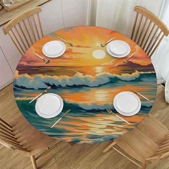 BCIIG Sunset Ocean Boat Round Table Cover Stain Resistant Washable 100% Polyester Fiber Waterproof Tablecloth for Indoor Outdoor Kitchen Dining Wedding Parties 42"-46