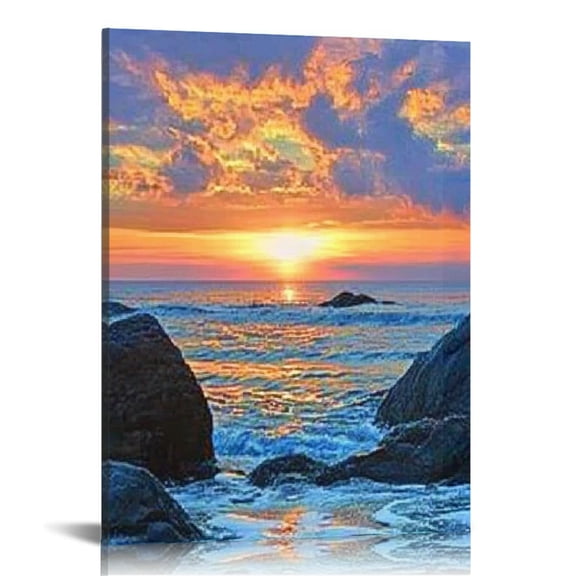BCIIG Sunset Ocean Rocks Canvas Prints Wall Art for Home Decor 16x20 in