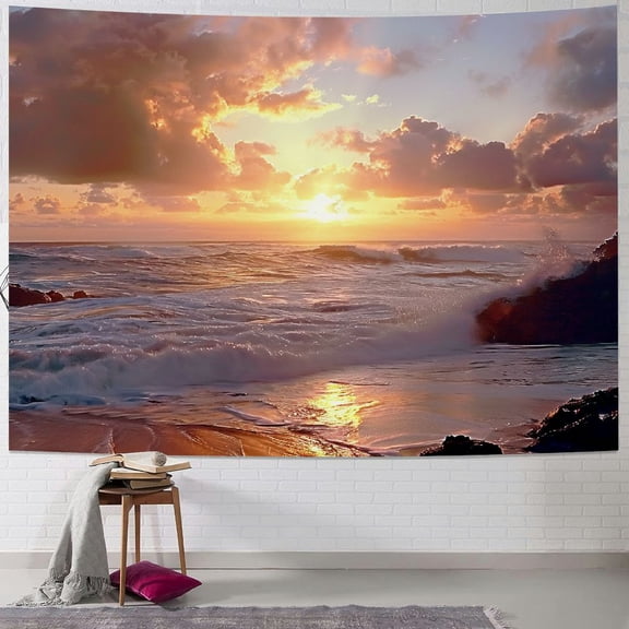 BCIIG Sunset Ocean Rocks Tapestry Wall Hanging Unique Style Graphic Tapestries Home Wall Decor Art for Living Room Bedroom Apartment Farmhouse Dorm 40x30inch