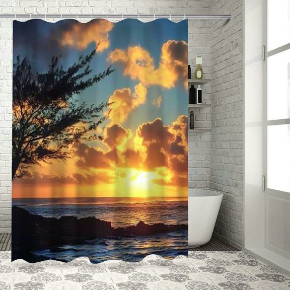BCIIG Sunset Ocean Tree Shower Curtain Set with Hooks, 100% Polyester 69"x72