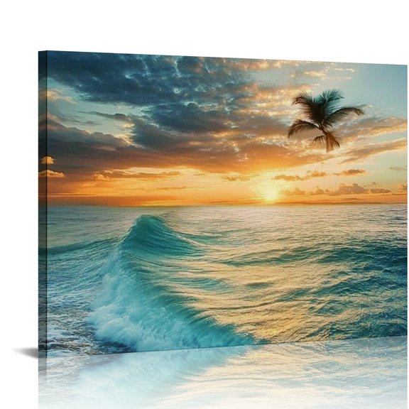 BCIIG Sunset Ocean Waves Palm Tree Ready to Hang Wall Decor for Living Room Bedroom Office 20x16in