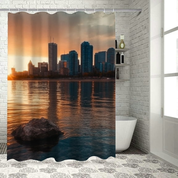 BCIIG Sunset Over City Skyline Bathroom Shower Curtain Set with Hooks 36"x72
