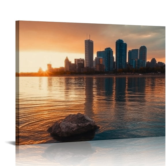 BCIIG Sunset Over City Skyline Canvas Print Wall Art Decor for Living Room Bedroom Office 16x12in