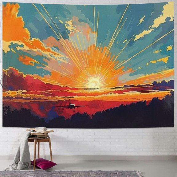 BCIIG Sunset Plane Sky Tapestry Wall Hanging Unique Style Graphic Tapestries Home Wall Decor Art for Living Room Bedroom Apartment Farmhouse Dorm 60x50inch