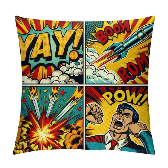 BCIIG Superhero Throw Pillow Cushion Cover, Retro Comic Book Speech Bubbles Mock-Up Sound Effects Anger Brave Graphic, Decorative Square Accent Pillow Case,