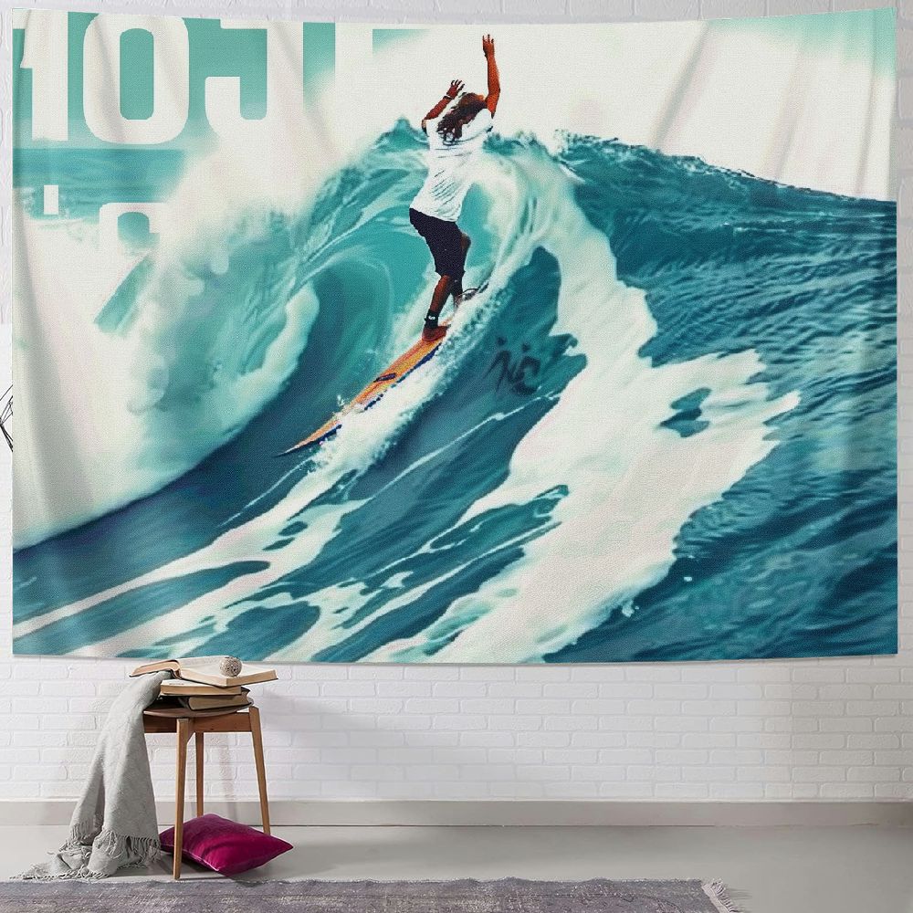 BCIIG  Surf Tapestry Twin Size, Surfer Riding Giant Majestic Ocean Wave in Hawaii Adrenalin Epic Athlete Sea Pacific, Wall Hanging Bedspread Bed Cover Wall Decor, Twin Size, White Blue