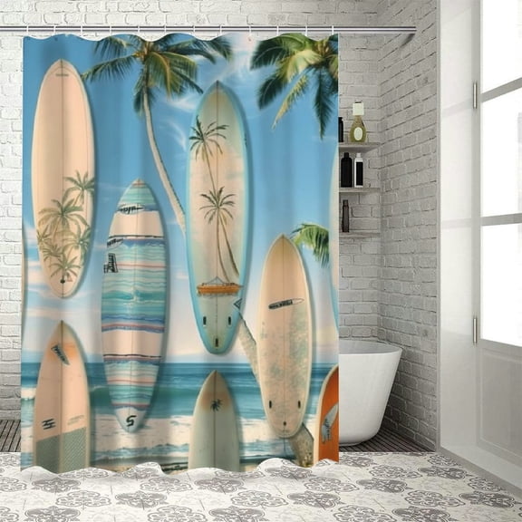 BCIIG Surfboards Palm Trees Bathroom Decor Set with Hooks, Colorful Luxurious Graphic Print Polyester Fabric Fashion Shower Curtain, Home Bathtubs Decoration, Waterproof, Machine Washable 60x72