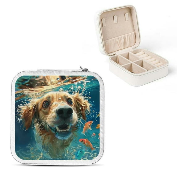 BCIIG Swimming Dog Mini Travel Jewelry Case with Necklace Hooks, Removable Compartments, and Elastic Pocket, Compact Size Jewelry Organizer Box for Rings, Earrings, PU Leather Storage White