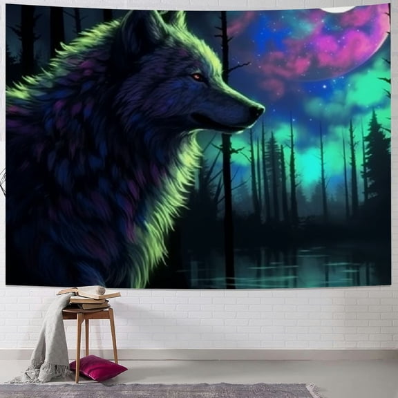 BCIIG Tapestries,  Reactive Psychedelic Neon Tapestries Glow in the Dark Party Backdrop, Wolf Wall Art for Bedroom Living Room  60x50inch