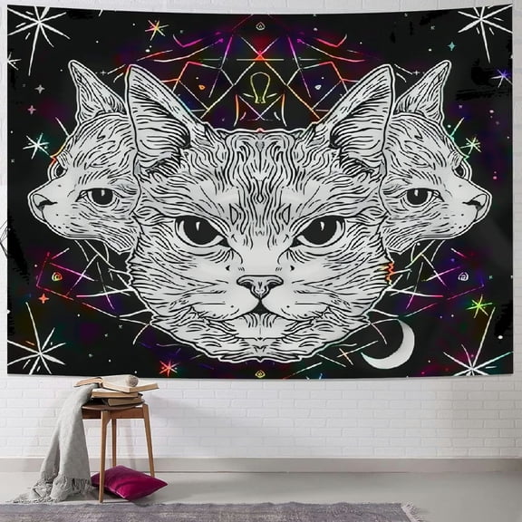 BCIIG Tapestry Black Anime Cat Head Round Portrait Madnala Moon Pentagram Ideal Home Decor Wall Hanging for Living Room Bedroom Dorm 40x30inch