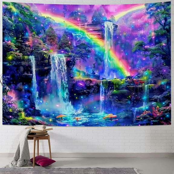 BCIIG Tapestry Fantasy Forest Tapestry Reactive Waterfall Rainbow Tapestry Misty Jungle Plants Tapestry Nature Landscape Wall Hanging for Living Room Painting
