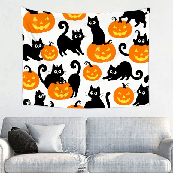 BCIIG Tapestry Wall Hanging, Black Cat Jack O Lantern Repeat Pattern Print Polyester Fabric Wall Hanging Decor, Printed Tapestries for Bedroom Dorm Living Room Office Apartment Home .