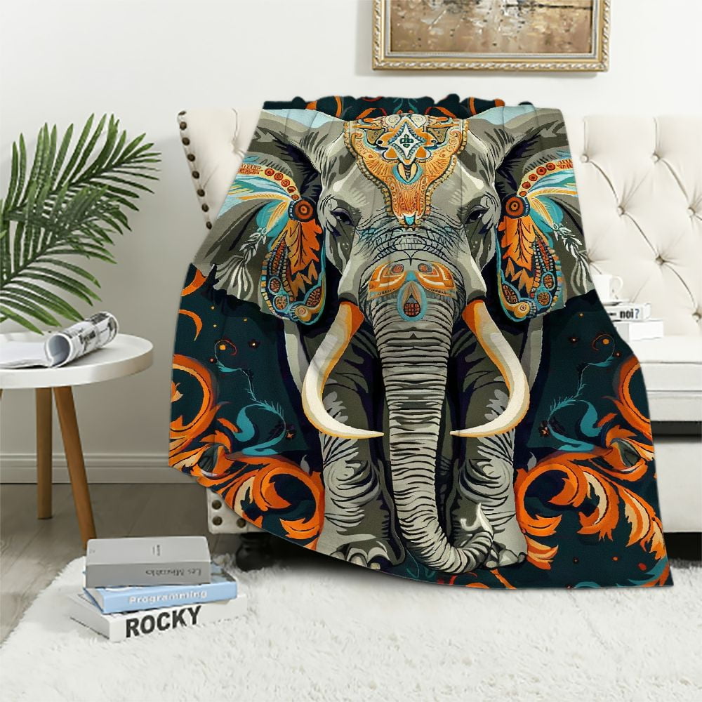 BCIIG Thin Indian Elephant with Large Tusks Print Boho Throw Blanket for Women Men Geometric Symmetry Vintage Totem Elephant Blanket Flannel Fabric Fade Resistant White Walmart