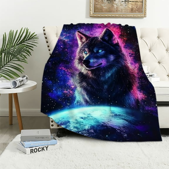 BCIIG Throw Blanket , Soft Cozy Warm Fuzzy Flannel Plush Blanket Colorful Galaxy Wolf Purple Planet Blue Earth Blanket for Couch, Sofa, Bed, Living Room 40x50in