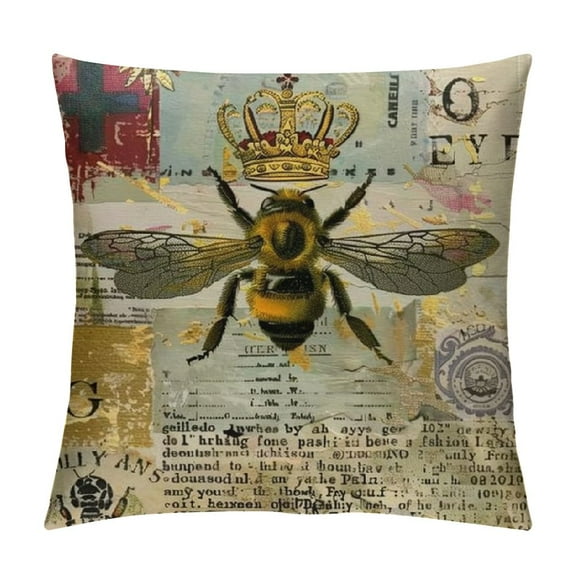BCIIG  Throw Pillow Covers Vintage French Queen Honey Bee with Crown Decorative Pillow Cases Retro Stamp Lettering Background Home Living Room Decor Cotton Linen  Cushion Cover Pillowslip