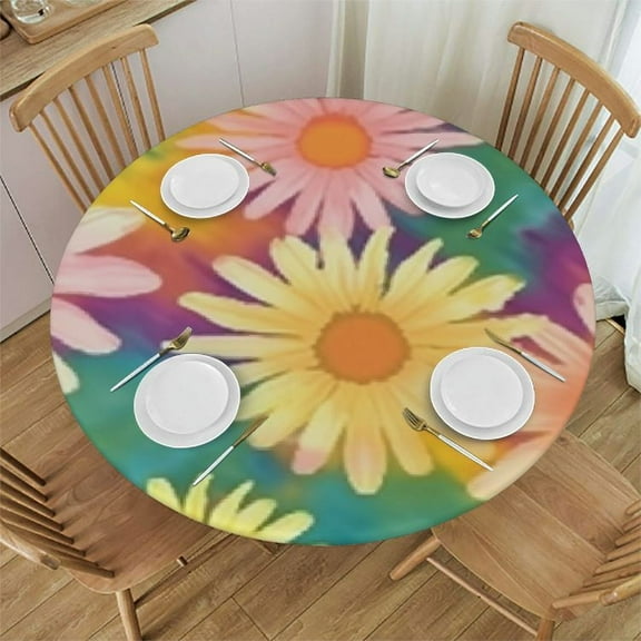 BCIIG Tie Dye Pattern Daisy Round Table Cover Stain Resistant Washable Indoor Outdoor Tablecloth Kitchen Dining Wedding Parties 100% Polyester Waterproof Outdoor Fitted 31"-35