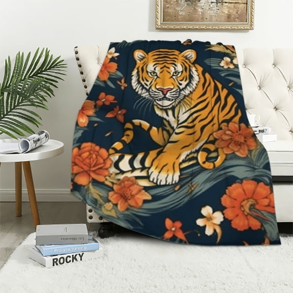 BCIIG Tiger Blanket Fleece Throw Flower Floral Tiger Animal Print for Adults Kids Soft Lightweight Bedroom Poster Decorations Decor Gifts Travel Size All Season Abstract Blue Background 50x60in