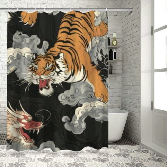 BCIIG Tiger Dragon Silk Screen Bathroom Decoration Set, Colorful Luxury Polyester Cloth Fashion Shower Curtain with Hooks 36"x72