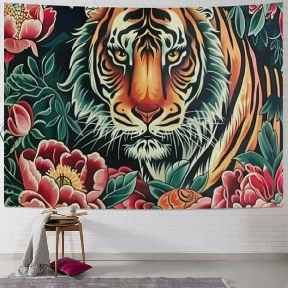BCIIG Tiger Flowers Tapestry Wall Hanging Unique Style Graphic Tapestries Home Wall Decor Art Living Room Bedroom Apartment Farmhouse Dorm Decoration 50x40inch