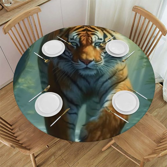BCIIG Tiger Forest Sunlight Round Table Cover Stain Resistant Washable Indoor Outdoor Tablecloth Kitchen Dining Wedding Parties Tablecloth 100% Polyester Fiber 38"-42