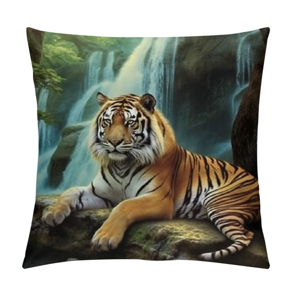 BCIIG Tiger Forest Waterfall Graphic Decorative Cushion Throw Pillow Cover for Home Couch Living Room Sofa, Printed on Both Sides, Year-Round Use, 1PC 22x22in
