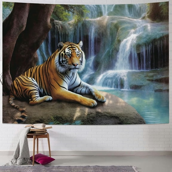 BCIIG Tiger Forest Waterfall Tapestry Wall Hanging Unique Style Graphic Tapestries Living Room Bedroom Decor 40x30inch