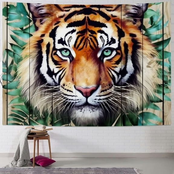 BCIIG Tiger Head Tropical Leaves Wooden Background Tapestry Wall Hanging Unique Style Graphic Tapestries Home Wall Decor Art for Living Room Bedroom Apartment Farmhouse Dorm 60x50inch