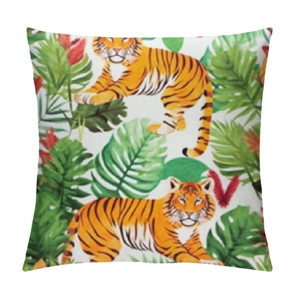 BCIIG Tiger Pattern Green Leaves Flowers Graphic Decorative Cushion Cover for Home Couch Living Room Sofa - High-Quality Square 1PC 12x12in
