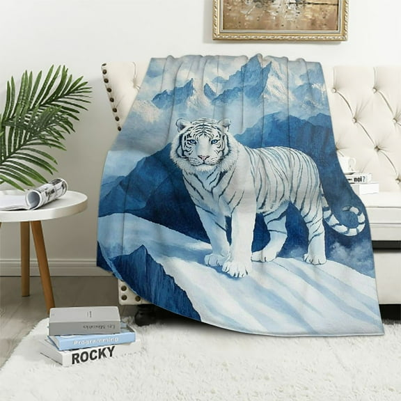 BCIIG Tiger Plush Throw Blanket Mountain Flannel  Blanket for Sofa Couch Snowy All Season Bed Blanket Blue White Blanket Room Decor 40x50in