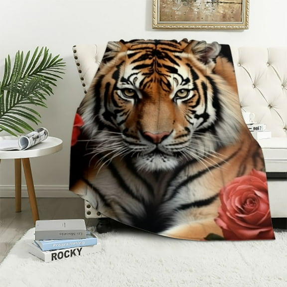 BCIIG Tiger Throw Blanket Twin ,Red Rose Flower Fleece Blanket,Big Cat Tiger Safari Animal Sherpa Blanket For Adults Men Women Kids Girls Romantic Floral Flannel Blanket For Bed Sofa Couch 50x60in