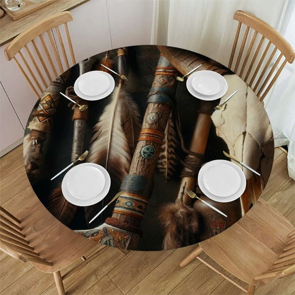 BCIIG Tomahawk Spear Bull Skull Headdress Round Table Cover Stain Resistant Washable Indoor Outdoor Tablecloth Kitchen Dining Wedding Parties Picnic Farmhouse 100% Polyester Fiber 42-46