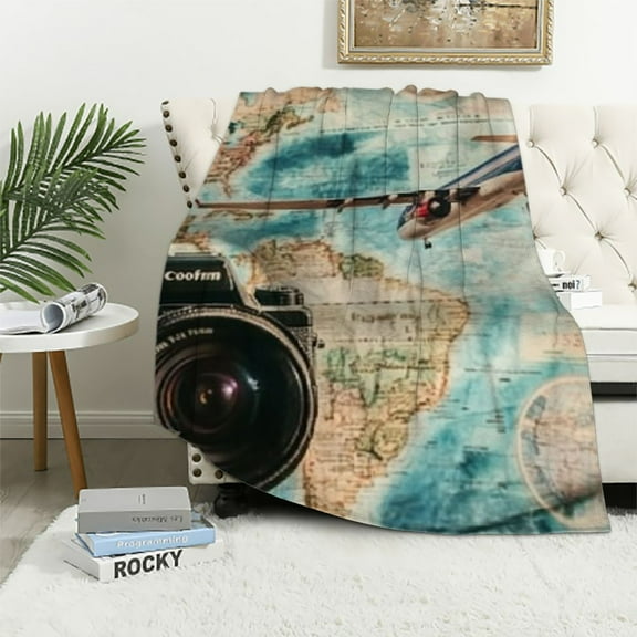BCIIG Travel-Themed Blanket, Vintage Airplane Hot Air Balloon Cameras Flannel Throw Blankets,Soft Warm Lightweight Cozy Plush Throws for Bedroom Sofa Office Home Decor Gifts for Women Girls   50x60in