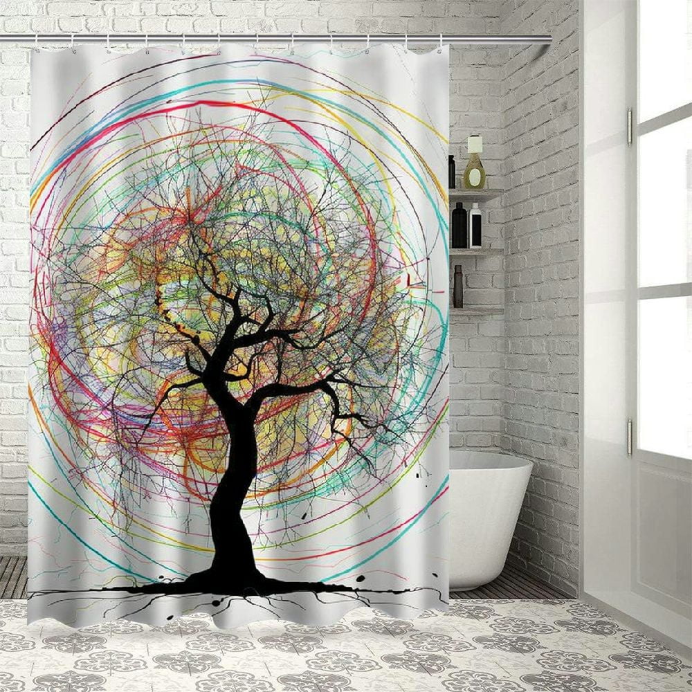 BCIIG Tree of Life Shower Curtain, Colorful Swirl Doodles Tree with