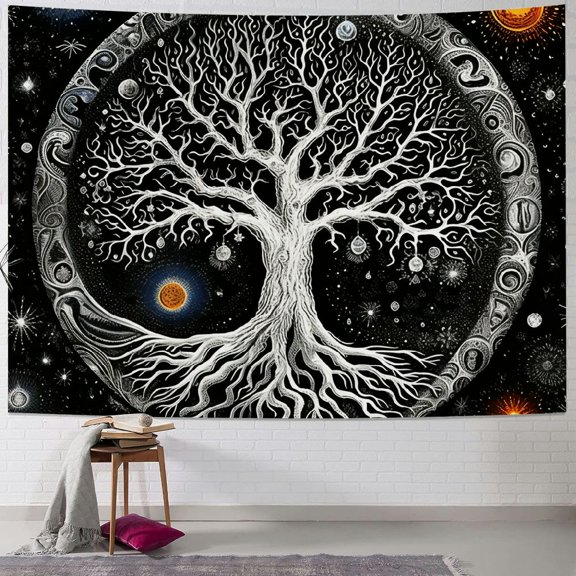 BCIIG Tree of Life Tapestry Wall Hanging Black and White Wishing Tree Galaxy Space Sun & Moon Tapestry Psychedelic Mystical Aesthetics Wall Hanging Living Room Bedroom Cosmic Tree