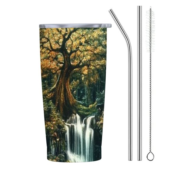 BCIIG Trees Waterfall 20oz Stainless Steel Car Tumbler with Straw, Push-Pull Cup Lid, Environmentally Friendly 20oz