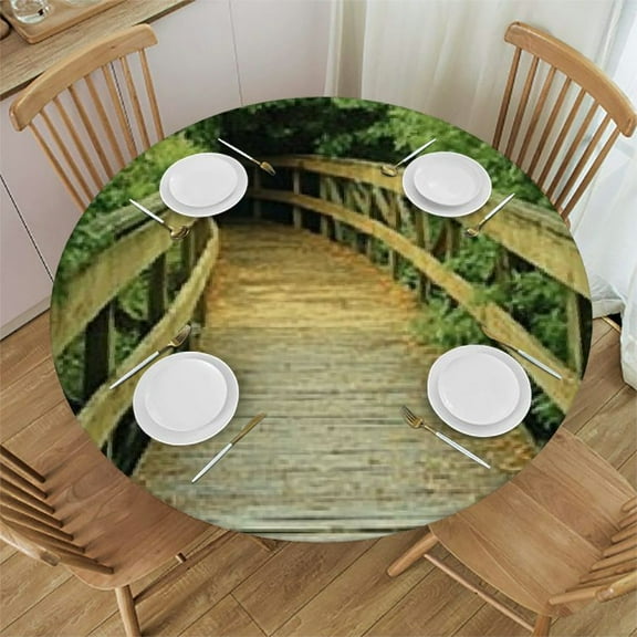 BCIIG Trees Wooden Bridge Walkway Round Table Cover Stain Resistant & Washable 100% Polyester Outdoor Fitted for Home Kitchen Parties Holiday Dinner 54"-58