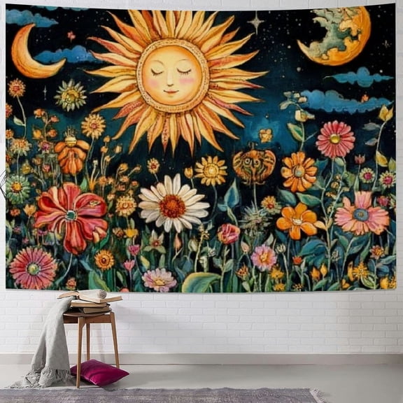BCIIG Trippy Sun Tapestry Vintage Aesthetic Flower Tapestry Hippie Boho Tapestry Floral Plant Wall Tapestry Mystic Starry Sky Tapestry Wall Hanging for Bedroom 40x30inch