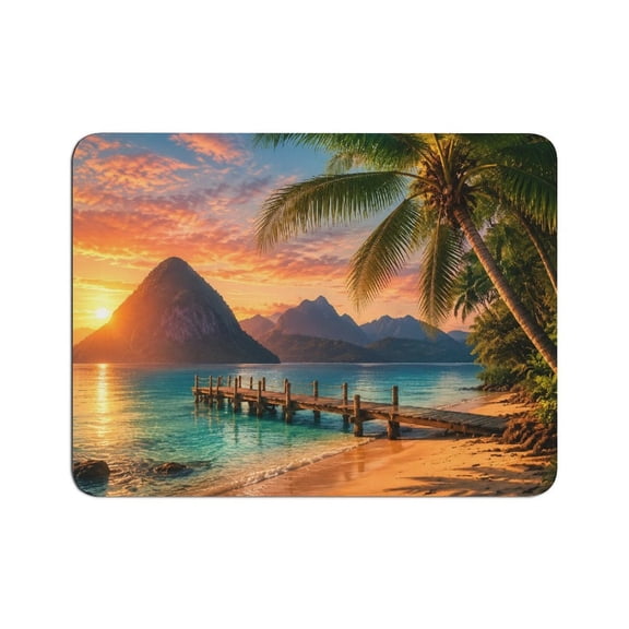 BCIIG Tropical Beach Wooden Pier Sunset Mouse Pad, Square Smooth Surface Desk Mat, Stitched Edge for Office, Laptop, Computer, Home,