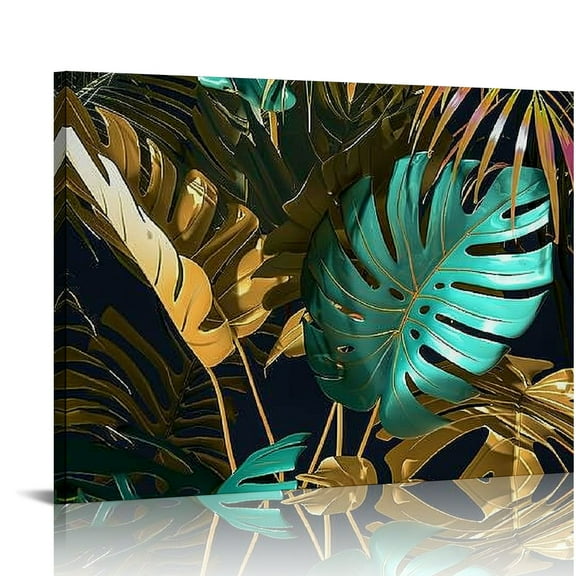 BCIIG Tropical Plant Wall Art Green and Gold Wall Decor Emerald Green Leaves Pictures Bathroom Wall Decor Gold  Canvas Prints Modern  Artwork for Living Room Bedroom Home Decoration  16x12in