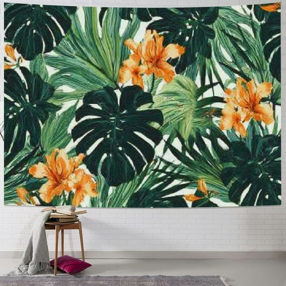 BCIIG Tropical Print Green Leaves Orange Flowers Tapestry Wall Hanging 40x30inch