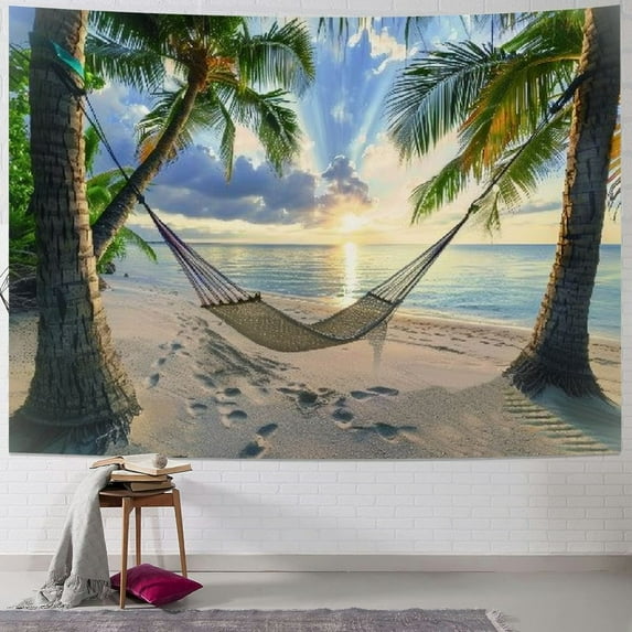 BCIIG Tropical Tapestry, Paradise Beach Hammock and Coconut Palm Trees Horizon Coast Vacation Scenery, Wall Hanging for Bedroom Living Room Dorm Decor,