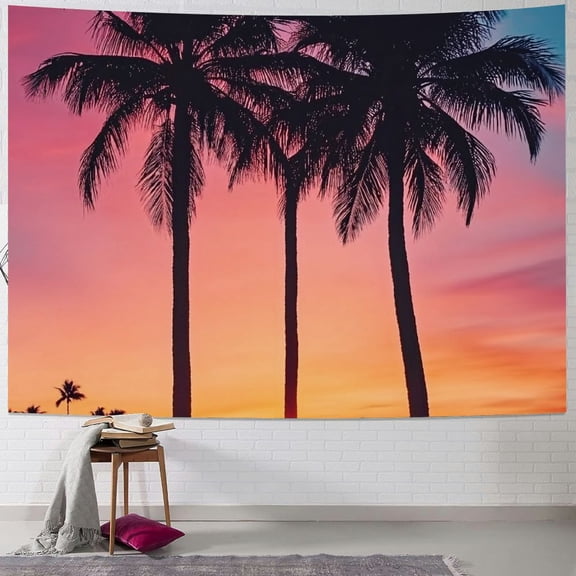 BCIIG Tropical Tapestry, Sunset Beach Ocean with Palm Tree Silhouette Fantasy Twilight Art Wall Hanging for Bedroom, Seaside Landscape Art Tapestries Bedroom Living Room Dorm Decor 40x30inch