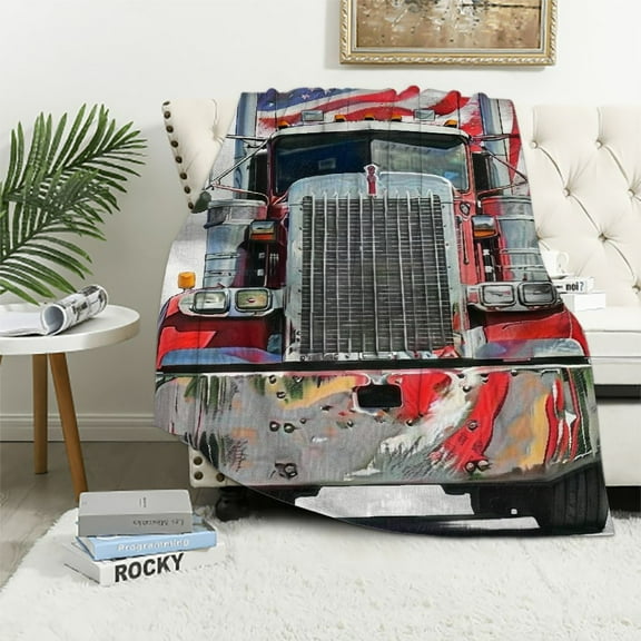 BCIIG Truck Throw Blanket, American Flag Themed Semi 18 Wheeler Patriotic Transportation Industrial Vehicle, Flannel Fleece Accent Piece Soft Couch Cover for Adults, White