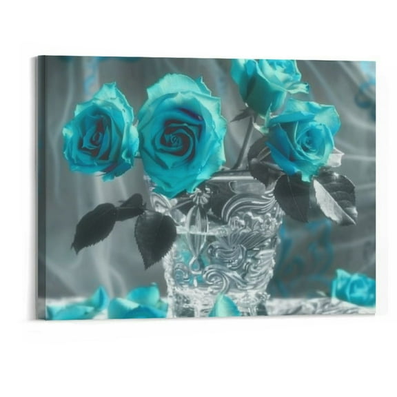 BCIIG Turquoise Wall Decor Canvas Wall Art Teal Blue Rose Flowers Pictures Painting Unframed Artwork for Gallery Bedroom Bathroom Living Room, 20"x16"