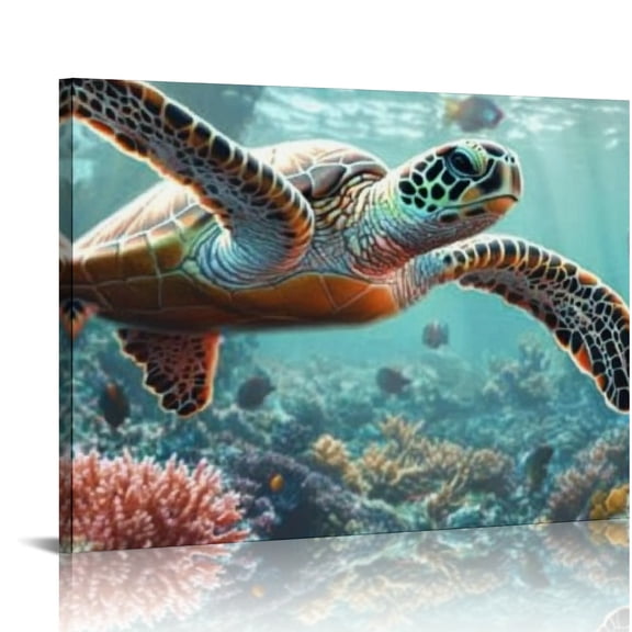 BCIIG Turtle Coral Reef Canvas Art Print Ready to Hang for Living Room Bedroom Home Office Wall Decor 16x12in
